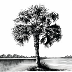 a palm tree illustration near the water