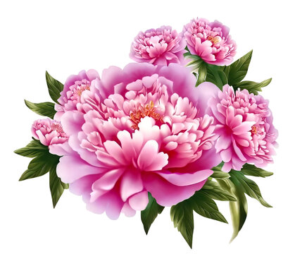 A bunch of pink peonies flowers with green leaves on a transparent background Generative AI