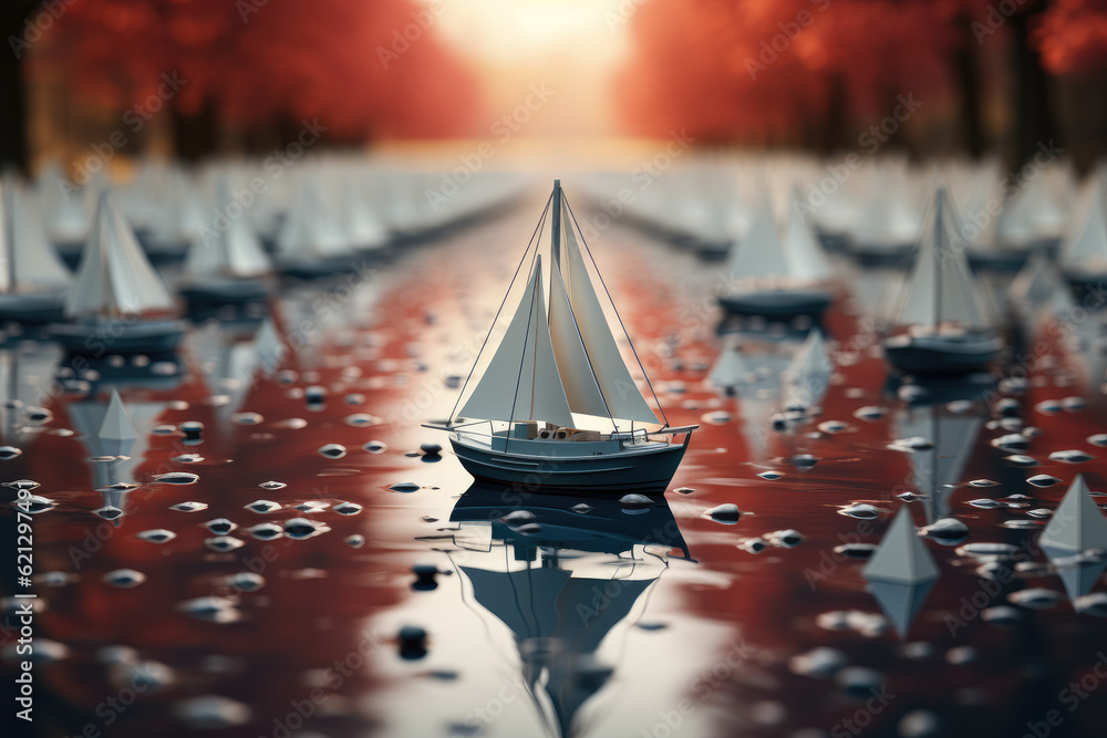 Poster group of white paper ships all pointing in one direction, except for one red paper ship pointing in 