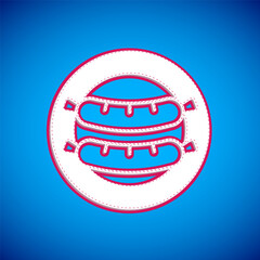 White Sausage icon isolated on blue background. Grilled sausage and aroma sign. Vector