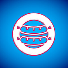 Obraz premium White Sausage icon isolated on blue background. Grilled sausage and aroma sign. Vector