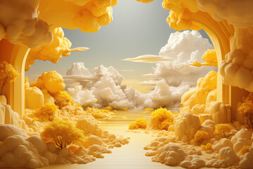 An abstract and minimalist yellow background evokes a sense of tranquility, with fluffy white clouds playfully escaping from an imaginary tunnel. Generative Ai.