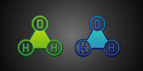 Green and blue Chemical formula for water drops H2O shaped icon isolated on black background. Vector