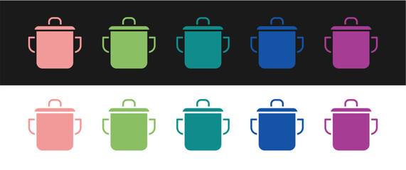 Set Cooking pot icon isolated on black and white background. Boil or stew food symbol. Vector