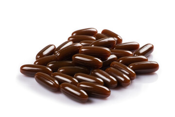 Sunflower lecithin in capsules on a white background. Lecithin in brown capsules top view. Food supplements close-up.