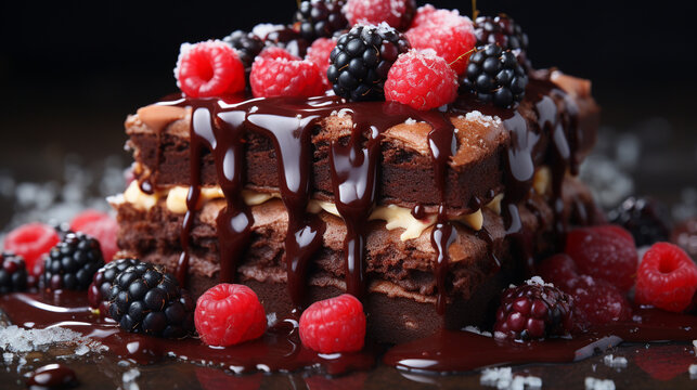 chocolate cake with berries HD 8K wallpaper Stock Photographic Image