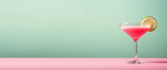 Alcoholic daiquiri cocktail in a glass with lime slice. Pink cocktail with foam isolated on flat background with copy space for text, banner template. Generative AI studio photo.