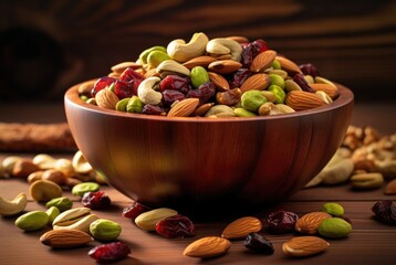 mixed nuts in a wooden bowl (Cashew nuts, peanuts, almonds, cranberries, black berries)