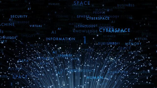 Artistic dark computer data cyberspace with tech word cloud animation.