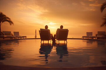 Fototapeta na wymiar relax pool swimming romantic travel couple back sunset vacation honeymoon. Generative AI.