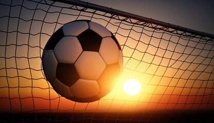 soccer ball hitting net with sun setting in the background. Generative AI