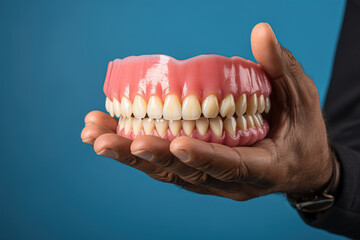 A hand holding a model depicting teeth, gums, and a jaw against a blue background with ample space for text.  Generative Ai.