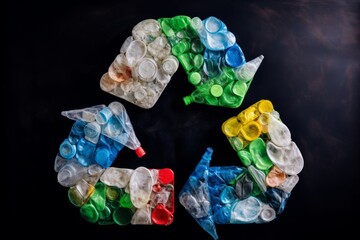 Rycling symbol made from plastic bottles and bags, protect the environment concept
