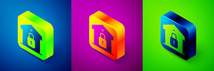 Isometric Closed warehouse icon isolated on blue, purple and green background. Square button. Vector