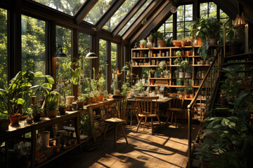 Naklejka premium A greenhouse filled with various plants, representing indoor gardening. Generative Ai.