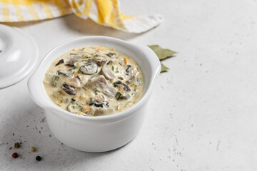 Vegetarian mushroom sauce in pot. Top view, copy space.