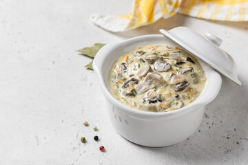 Vegetarian mushroom sauce in pot. Top view, copy space.