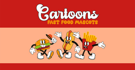 Retro cartoon food mascots: hamburger, hot dog and french fries