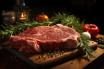 Raw T-bone steak adorned with fresh herbs on a pan, ready for cooking. Features a piece of veal. Generative Ai.