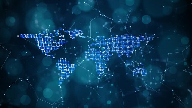 Digital tech world map with lines animation on dark blue circle bokeh background.