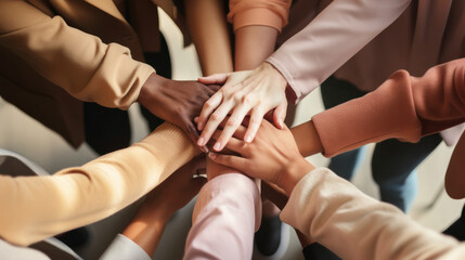 close up differents races colors hands, together Support, community and teamwork with business women for goals, collaboration and girl power. Growth, empowerment and management with hands of employee.