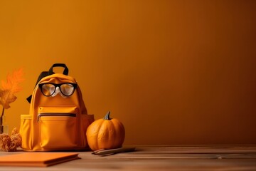Orange backpack and pumpkin on orange background with place for text. Back to school and Halloween Concept. Copy space Banner. Backdrops orange color glasses on school backpack form the shape of face