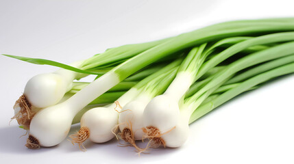 Isolated fresh green onion lying on a white glossy surface. Generative AI technology.