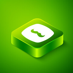 Isometric Mustache icon isolated on green background. Barbershop symbol. Facial hair style. Green square button. Vector