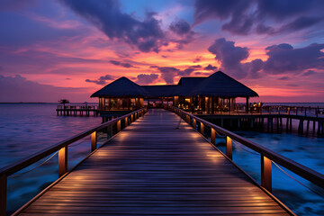 Scenic view of colorful sunset at the maldives island, stunning lighting imagery background. AI Genrated
