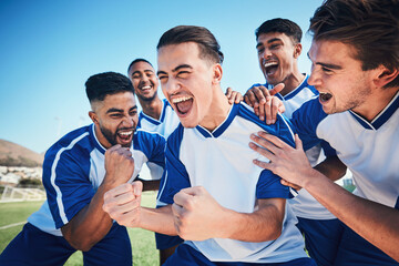 Winner, goal and soccer with team and happiness, men play game with sports and celebration on...