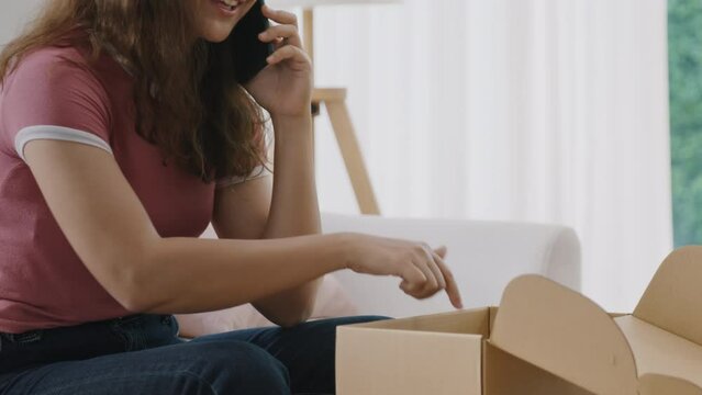 Upset asia people young Gen Z anger argue fight phone call on damage post mail box buy at home online shop retail store. Shock sad rude woman unbox wrong product order bad shipping CRM buyer service.