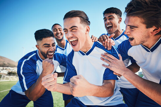 Winner, goal and soccer with team and happiness, men play game with sports and celebration on field. Energy, action and competition, male athlete group and football player cheers with success outdoor