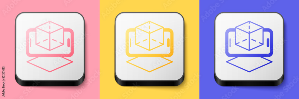 Poster isometric 3d modeling icon isolated on pink, yellow and blue background. augmented reality or virtua