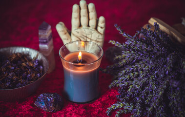 Magical scene, esoteric and wicca concept, fortune telling, witch stuff on a table	