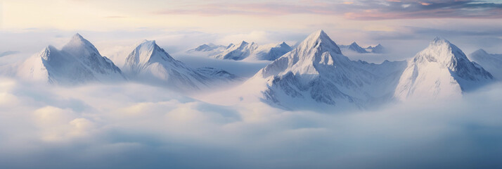 Overhead shot, snow - covered mountain peaks, piercing through cloud cover, morning light, majestic