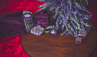 Magical scene, esoteric and wicca concept, fortune telling, witch stuff on a table	