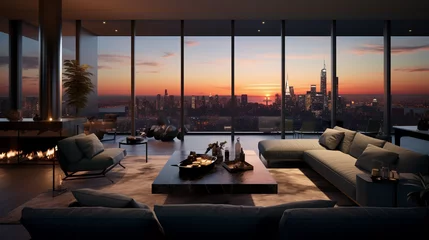 luxury penthouse suite, panoramic view of the city skyline at sunset, modern furniture, warm interior lighting © Marco Attano