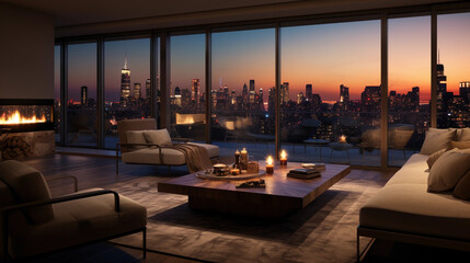 luxury penthouse suite, panoramic view of the city skyline at sunset, modern furniture, warm interior lighting