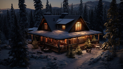 rustic, log cabin in a snow - covered forest, glowing lights from windows, smoke rising from the chimney, drone shot