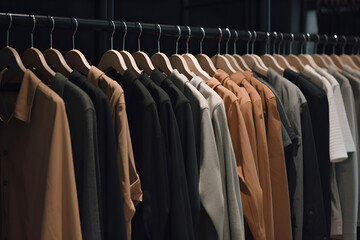 Different Clothes on Hangers in the Clothes Warehouse, Pastel Colors Collection: AI Generated Image