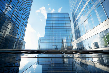 Fototapeta premium sleek, glass high - rise office building, metropolitan background, reflections of cityscape on the glass, taken from ground looking up