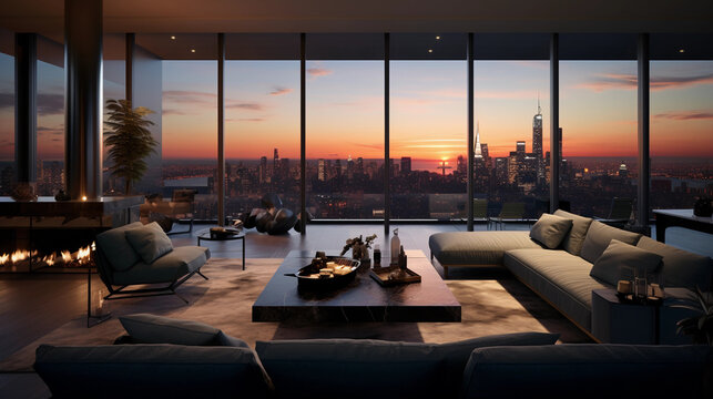 luxury penthouse suite, panoramic view of the city skyline at sunset, modern furniture, warm interior lighting
