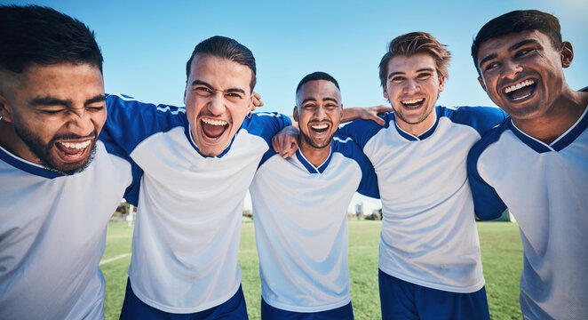 Football player, game and portrait of men together on a field for sports and fitness. Happy male soccer team or athlete group for challenge, competition or motivation for training outdoor on a pitch