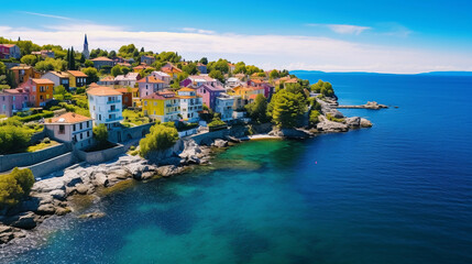 Majestic, photorealistic aerial image of a coastal town, featuring colorful houses, narrow streets, blue sea, shot during midday with bright sunlight