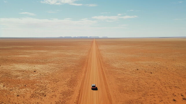 Drone shot of a serpentine desert road, red sands, blue sky, a lone car driving, minimalistic