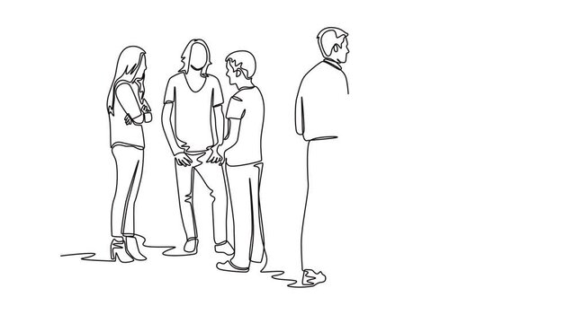 Continuous one line drawing concept of a crowd of happy people outdoors. Full length animation illustration. High quality 4k footage.