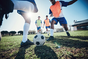 Football, men and exercise with a challenge, grass and health with workout goal, competition or...