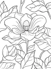 Magnolia flowers. Coloring page for adult and older children.  floral pattern background. Vector artwork. Coloring book page for adult. Love bohemia concept for wedding invitation, card, ticket, brand