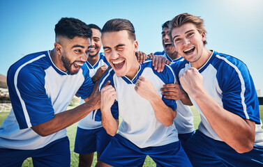 Football player, game and men celebrate together on a field for sports and fitness win. Happy male...