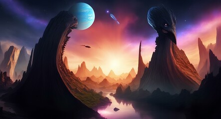A distant world of alien creatures, strange plants, and a sky filled with stars and swirling clouds, illuminated by a mysterious, extraterrestrial light.